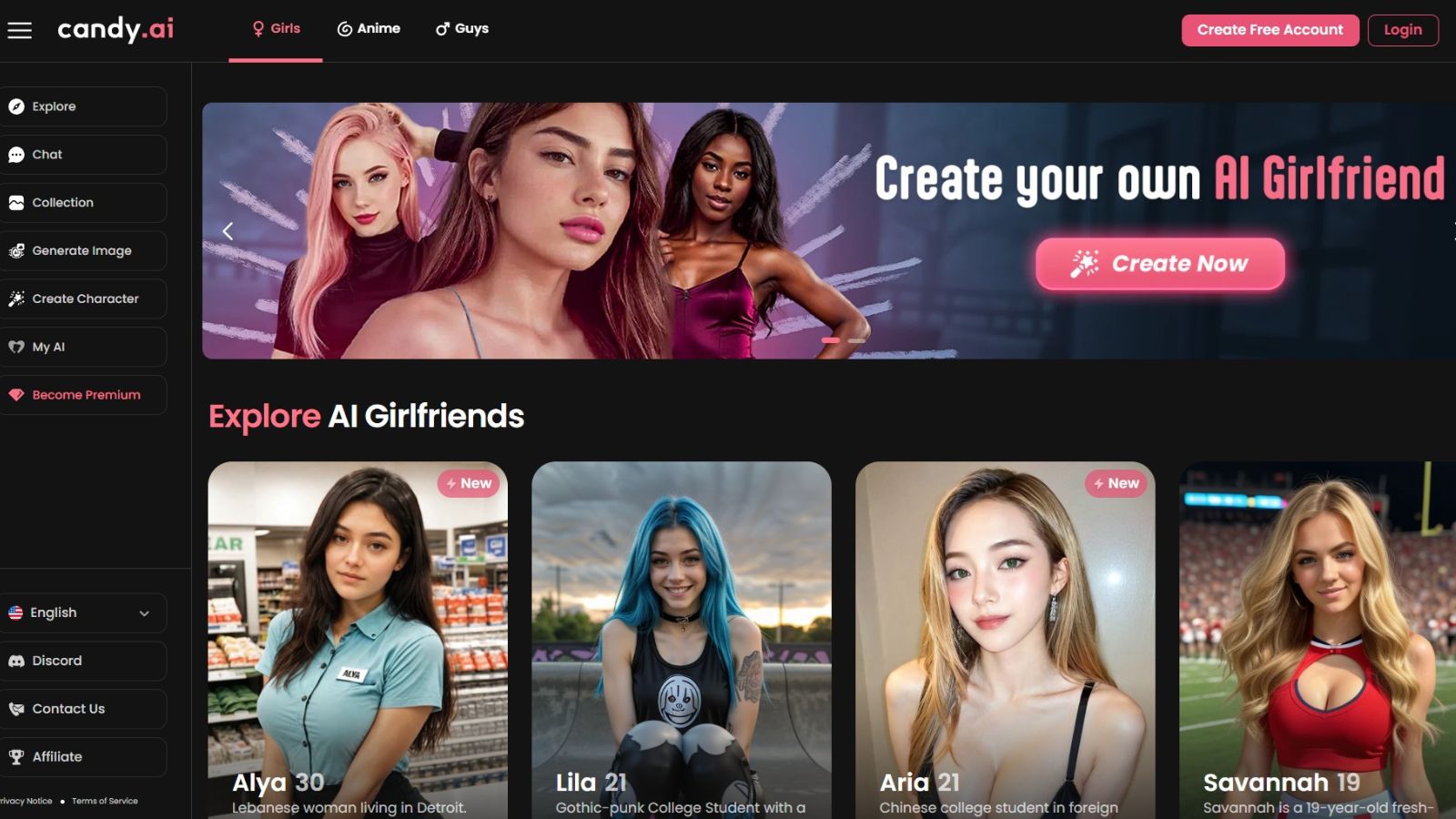 Candy.ai platform for creating your AI Girlfriend character and exploring AI chat companions