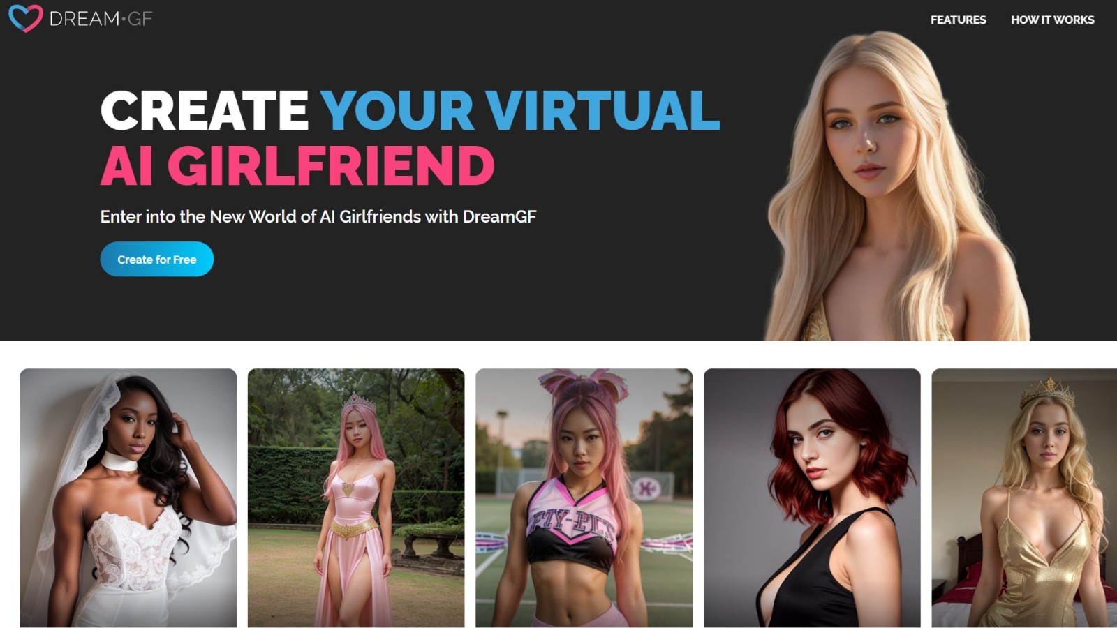 Dream-GF.com homepage featuring AI girlfriend builder and preview avatars