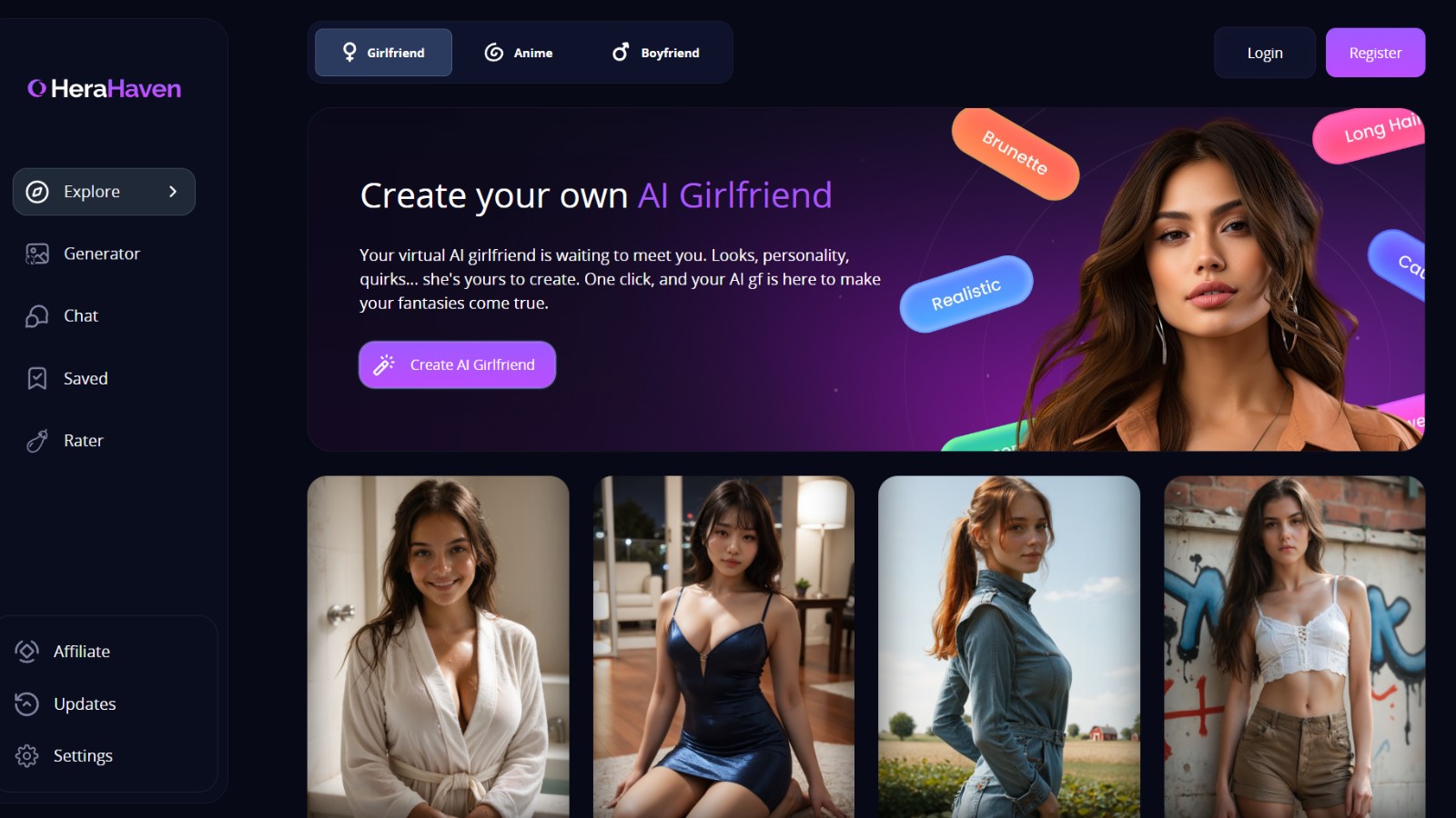 Screenshot of HeraHaven.com showing AI girlfriend creation interface with personality tags and character previews