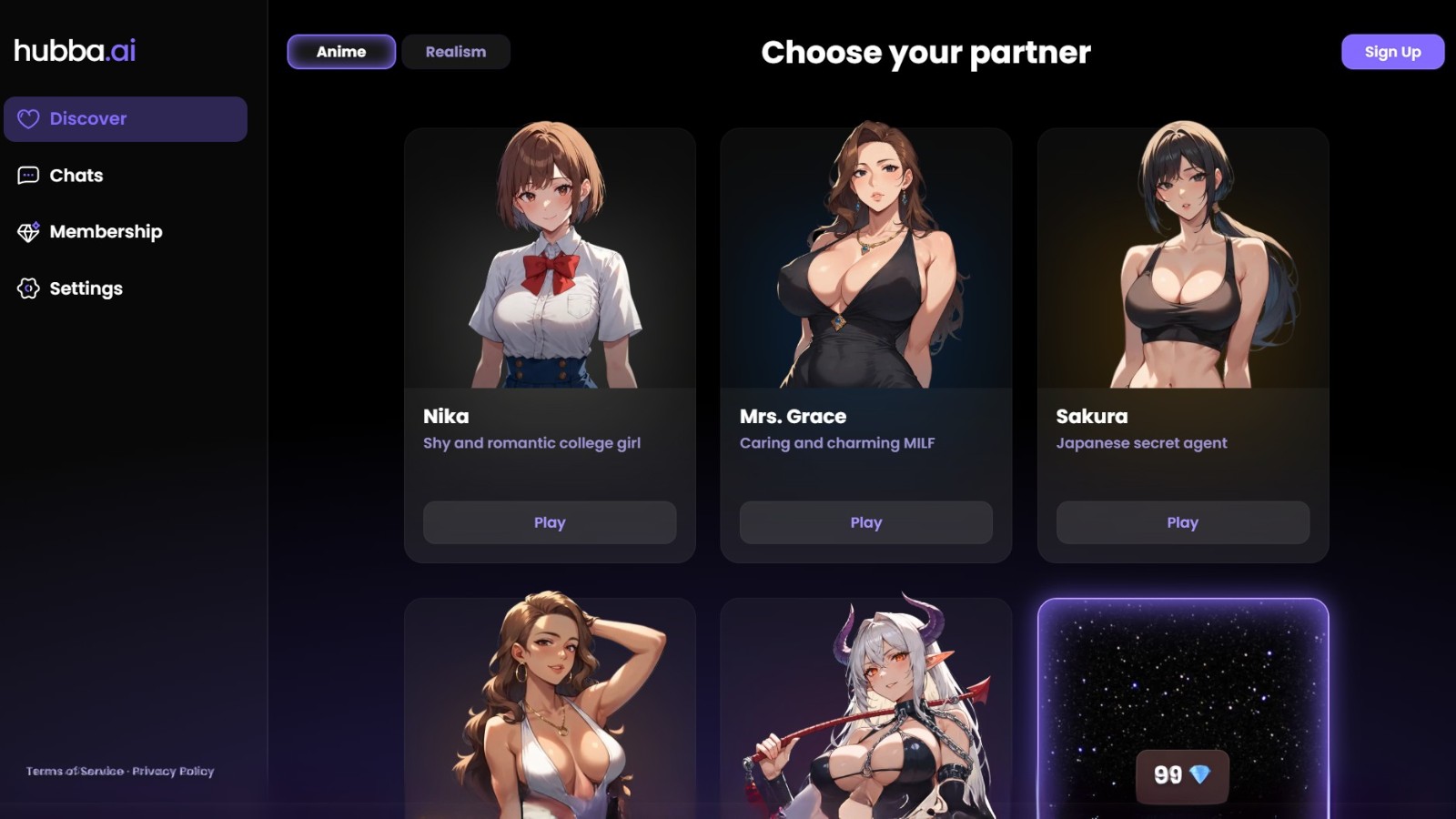 Screenshot of Hubba.ai chat platform showing anime and realistic AI character selection with personality tags