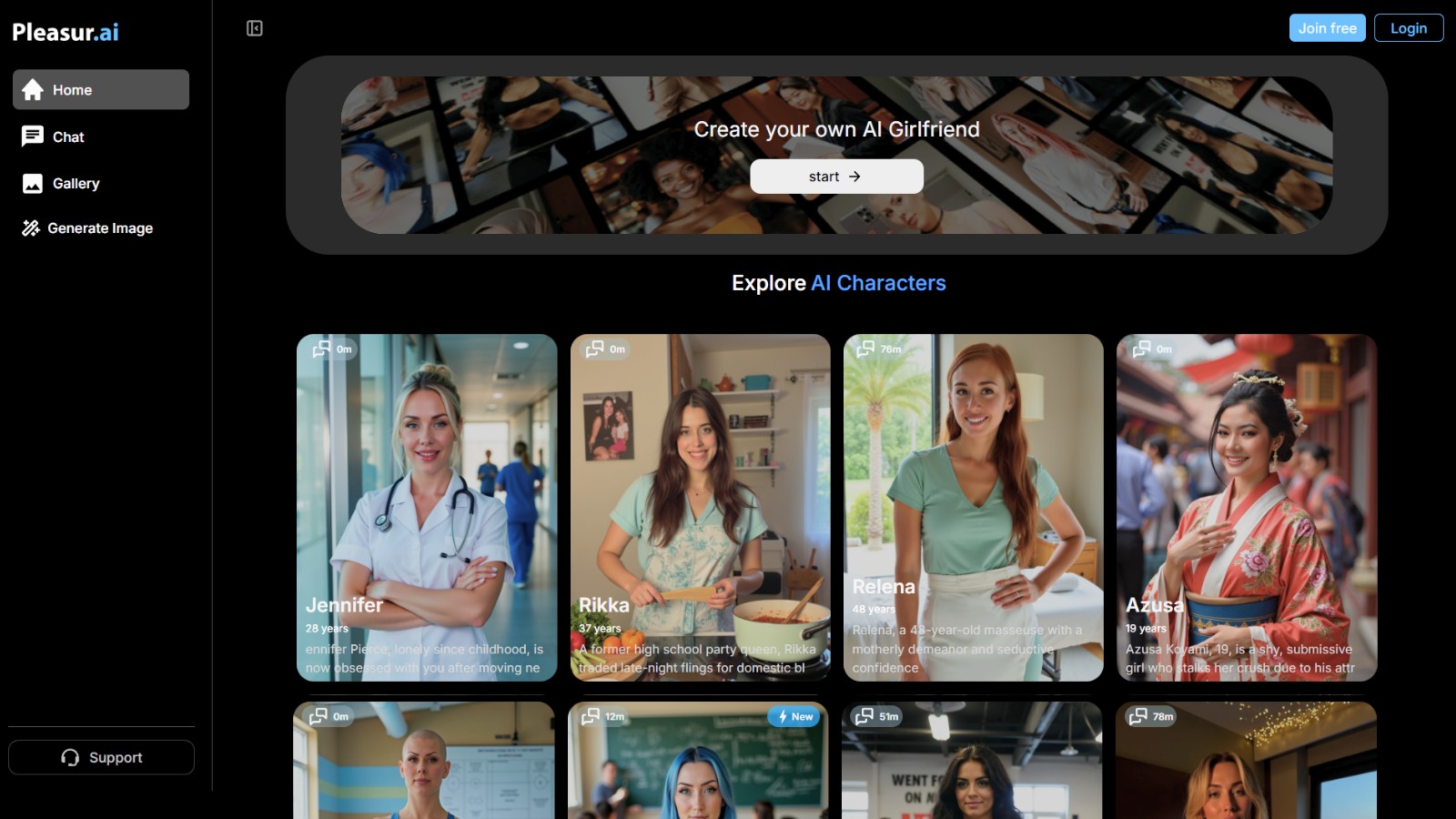 Screenshot of Pleasur.ai showing realistic AI girlfriend profiles, chat options, and custom digital companion creation interface