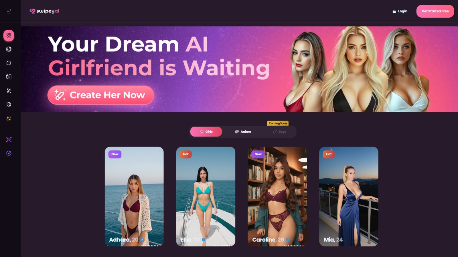 Screenshot of Swipey.ai homepage with AI girlfriend generator, real-looking characters, and options for creation and chat