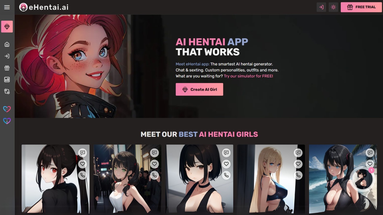 Screenshot of eHentai.ai platform showing anime-style AI girlfriend generator with chat, sexting, and character selection options
