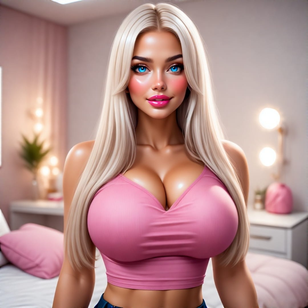 Young blonde AI female companion with platinum hair and glossy lips in a tight pink crop top, smiling playfully in a pastel-toned bedroom