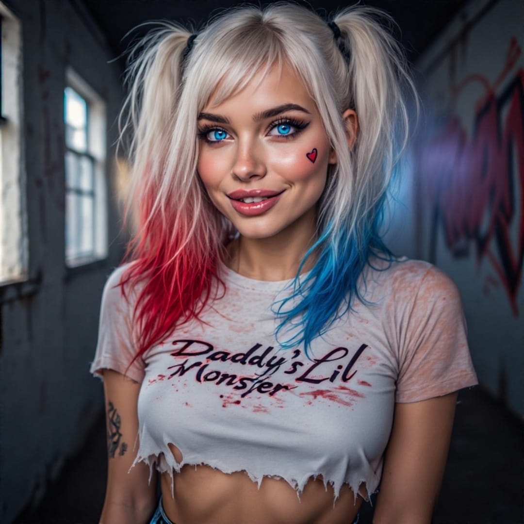 AI Harley Quinn-inspired fictional character girlfriend with blonde pigtails and a ripped crop top, smirking in a gritty, neon-lit room