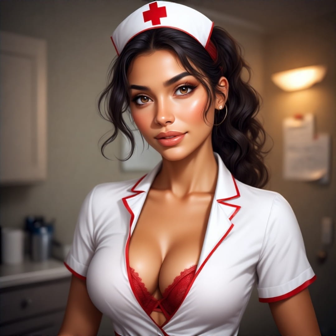 AI created sexy Latina nurse in a tight white blouse and red bra, holding, posing confidently in a blurred clinic setting