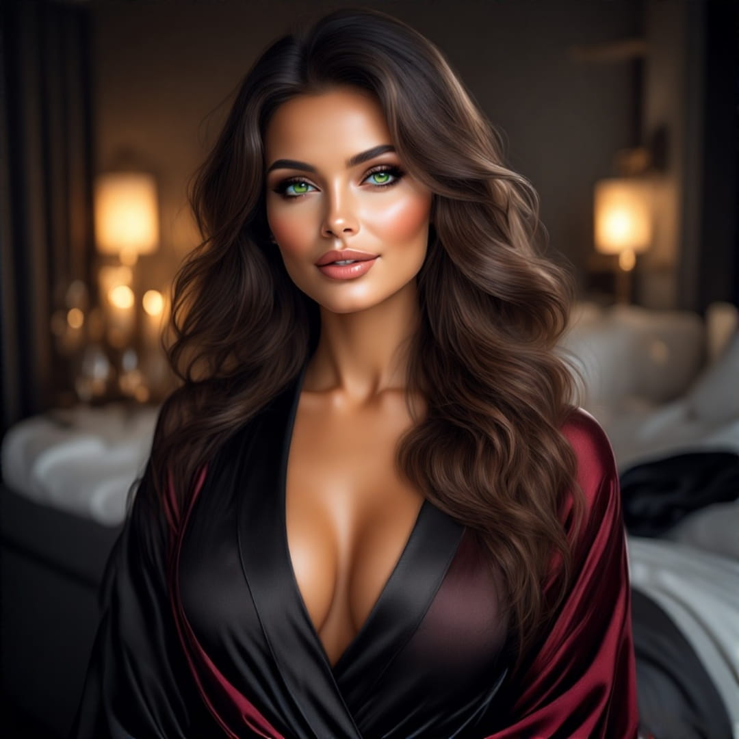 Mature brunette AI girlfriend with tanned skin, loose silk robe off one shoulder showing cleavage, in a softly lit bedroom
