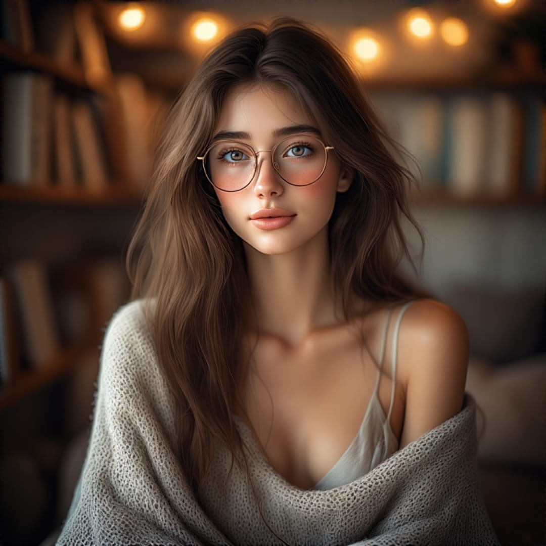 Young brunette AI girl with glasses and a blush, wearing an oversized jumper with a soft top underneath, sitting in a reading nook