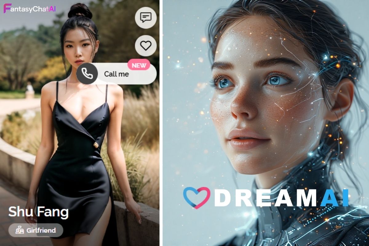 AI companion app avatar with call feature beside a futuristic digital woman and DreamAI logo