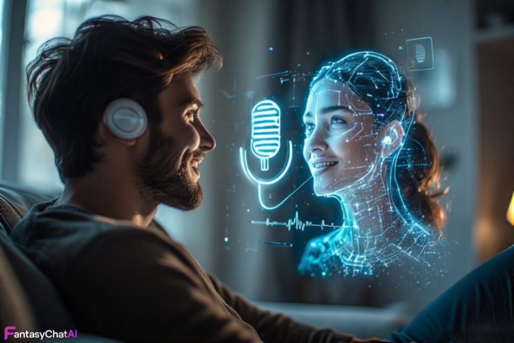 Man on a voice call through an app with a holographic AI girlfriend, with a floating mic icon and soundwaves between them in a cosy, futuristic setting.