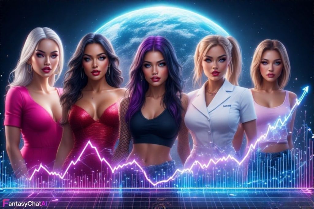 Five AI Companion App women stand behind a rising 3D graph, with a glowing Earth in the background, symbolising explosive AI companion market growth