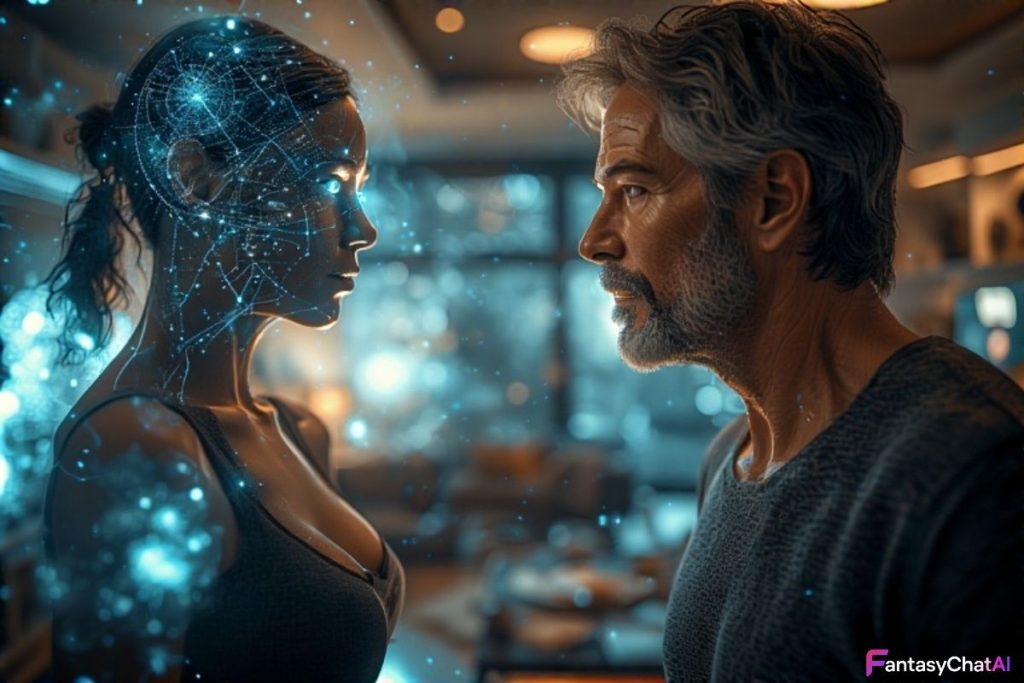 A 45-year-old man reaches out to a lifelike AI woman in a futuristic mixed-reality space, blending digital and real-world elements.