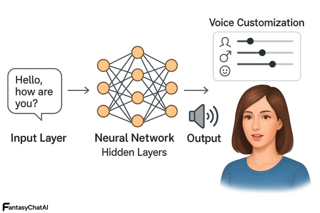 Diagram showing text-to-speech using neural networks with voice output in AI companions