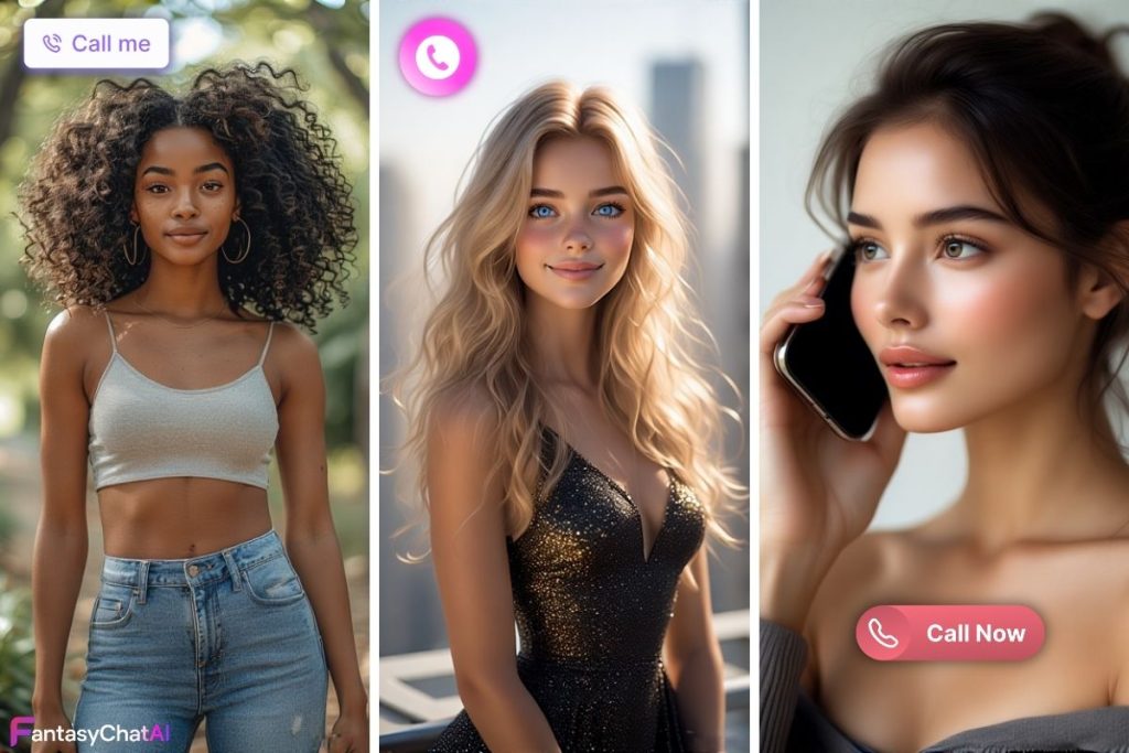 Three AI girlfriends: a confident Black woman, a glamorous blonde, with "Call Me" icons, and a sexy brunette on a phone call.