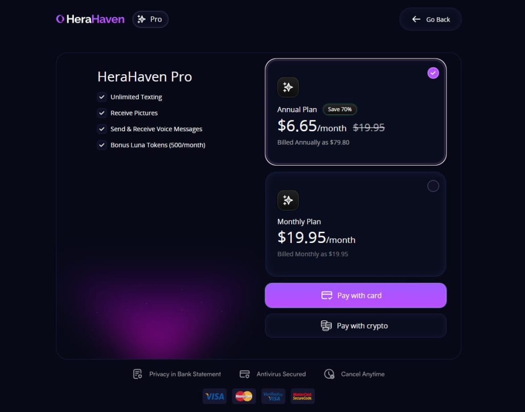 A screenshot of the HeraHaven Pro pricing page, detailing the monthly and annual subscription costs and features