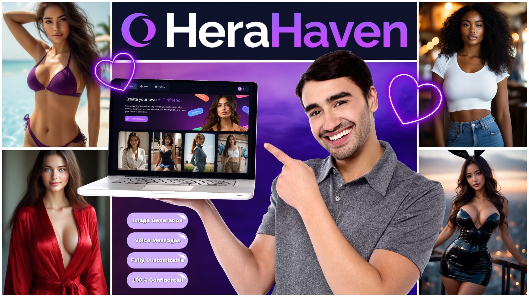 Feature image for the HeraHaven review, showing a man pointing at the platform's AI girlfriend creator on a laptop, surrounded by examples of customizable, realistic AI women